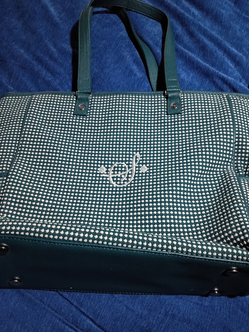Thirty-one Teal and White Dot Tote with "S" Monogram